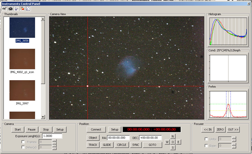Integrated telescope and camera control - Instruments Screen with thumbnails